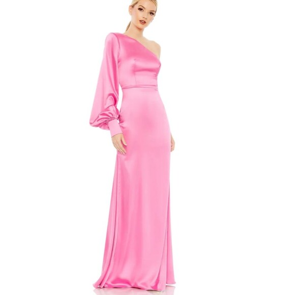 Ieena for Mac Duggal Dress Women's 2 Baby Pink Bishop Satin One Shoulder Gown - Picture 1 of 11